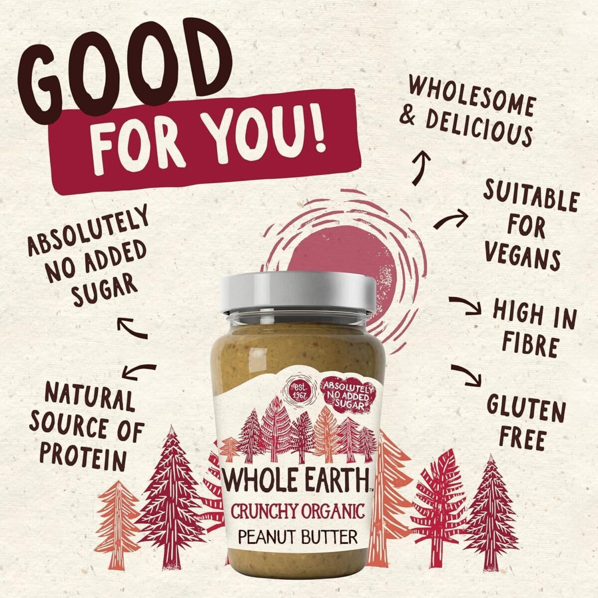 Whole Earth Crunchy Organic Peanut Butter, 340 G Jar, Original Nut Spread Made with All Natural Ingredients, No Added Sugar, Gluten Free, Vegetarian & Vegan Friendly