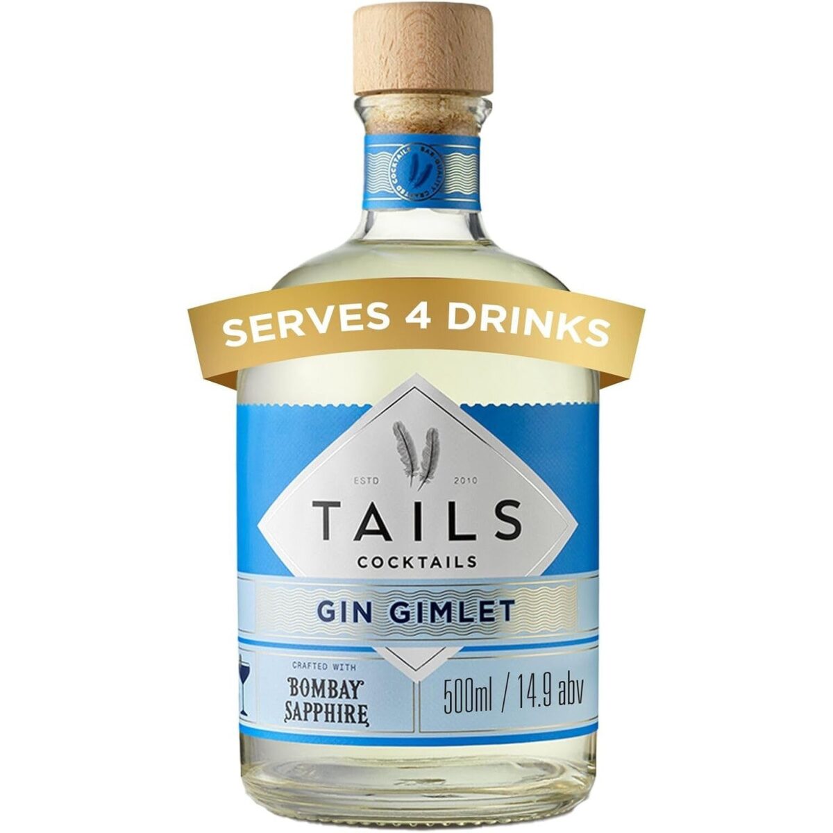 Tails Cocktails Gin Gimlet, Crafted with Bombay Sapphire Gin, Ready-To-Drink Pre-Mixed Cocktail, Serves 4 Bar-Quality Cocktails, 14.9% ABV, 50Cl / 500Ml