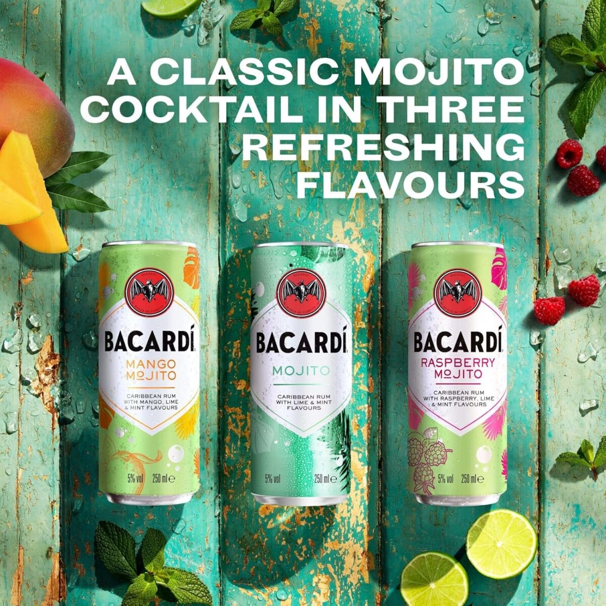 BACARDÍ Raspberry Mojito, 5% ABV, 12 X 25Cl / 250Ml, Ready-To-Drink Pre-Mixed Cocktail Can, Made with BACARDÍ Carta Blanca Rum and Mixed with Lime, Mint and Raspberry