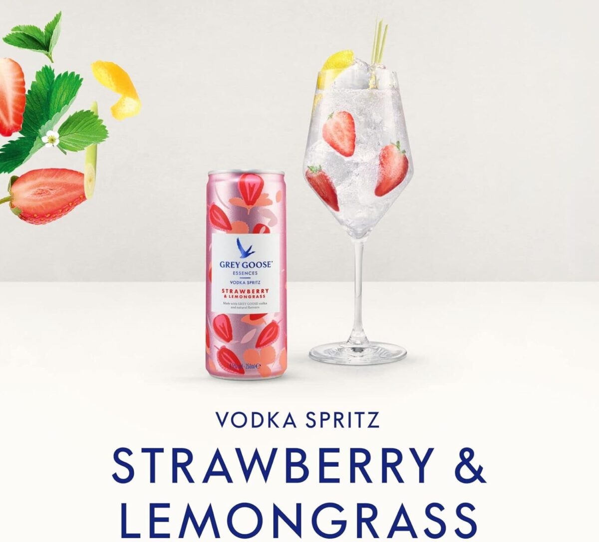 Grey Goose Essences Vodka Spritz, Strawberry & Lemongrass, 4.5% ABV, 12 X 25Cl / 250Ml, Ready-To-Drink Pre-Mixed Cocktail Can, Made with Grey Goose Vodka & Natural Flavours