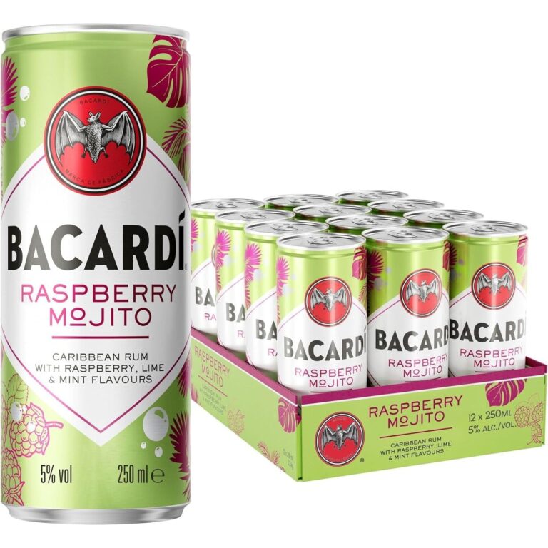 BACARDÍ Raspberry Mojito, 5% ABV, 12 X 25Cl / 250Ml, Ready-To-Drink Pre-Mixed Cocktail Can, Made with BACARDÍ Carta Blanca Rum and Mixed with Lime, Mint and Raspberry