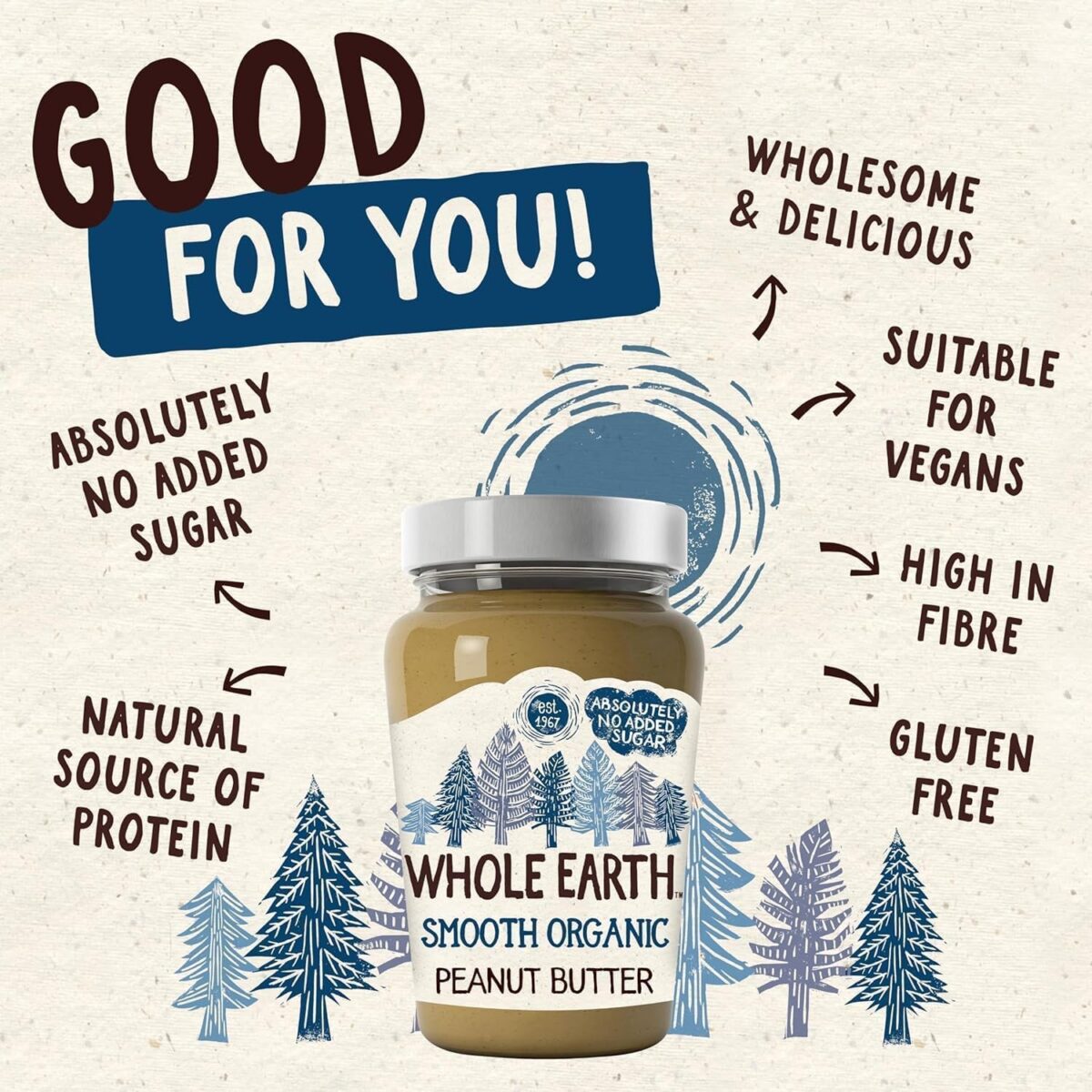 Whole Earth Smooth Organic Peanut Butter, 340 G Jar, Original Nut Spread Made with All Natural Ingredients, No Added Sugar, Gluten Free, Vegetarian & Vegan Friendly (Packaging May Vary)