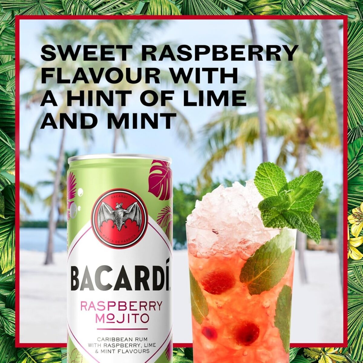 BACARDÍ Raspberry Mojito, 5% ABV, 12 X 25Cl / 250Ml, Ready-To-Drink Pre-Mixed Cocktail Can, Made with BACARDÍ Carta Blanca Rum and Mixed with Lime, Mint and Raspberry