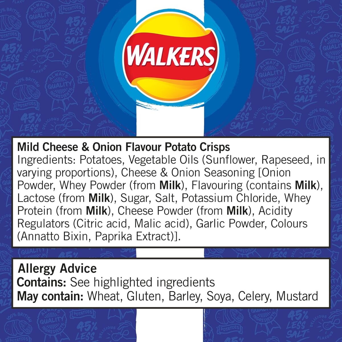 Walkers Less Salt Mild Cheese & Onion 6Pk