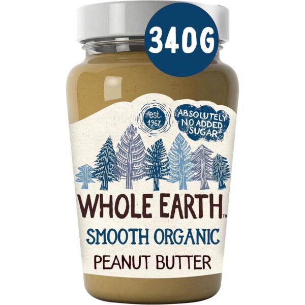 Whole Earth Smooth Organic Peanut Butter, 340 G Jar, Original Nut Spread Made with All Natural Ingredients, No Added Sugar, Gluten Free, Vegetarian & Vegan Friendly (Packaging May Vary)