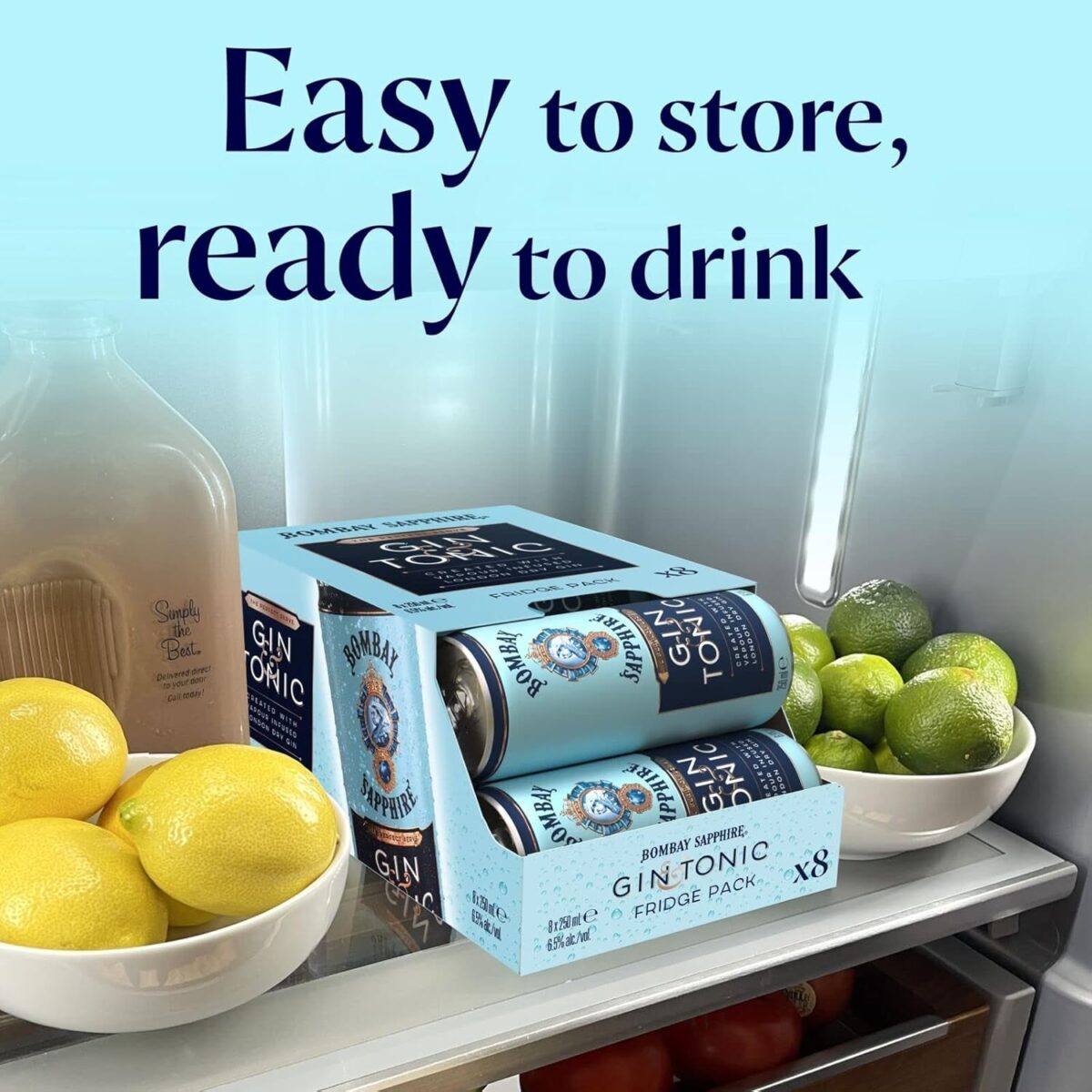 Bombay Sapphire Premium Gin & Tonic Fridge Pack, Ready-To-Drink Pre-Mixed Cocktail Can, Vapour Infused London Dry Gin, Natural Flavours & Premium Tonic Water, 6.5% ABV, 8 X 25Cl / 250 Ml