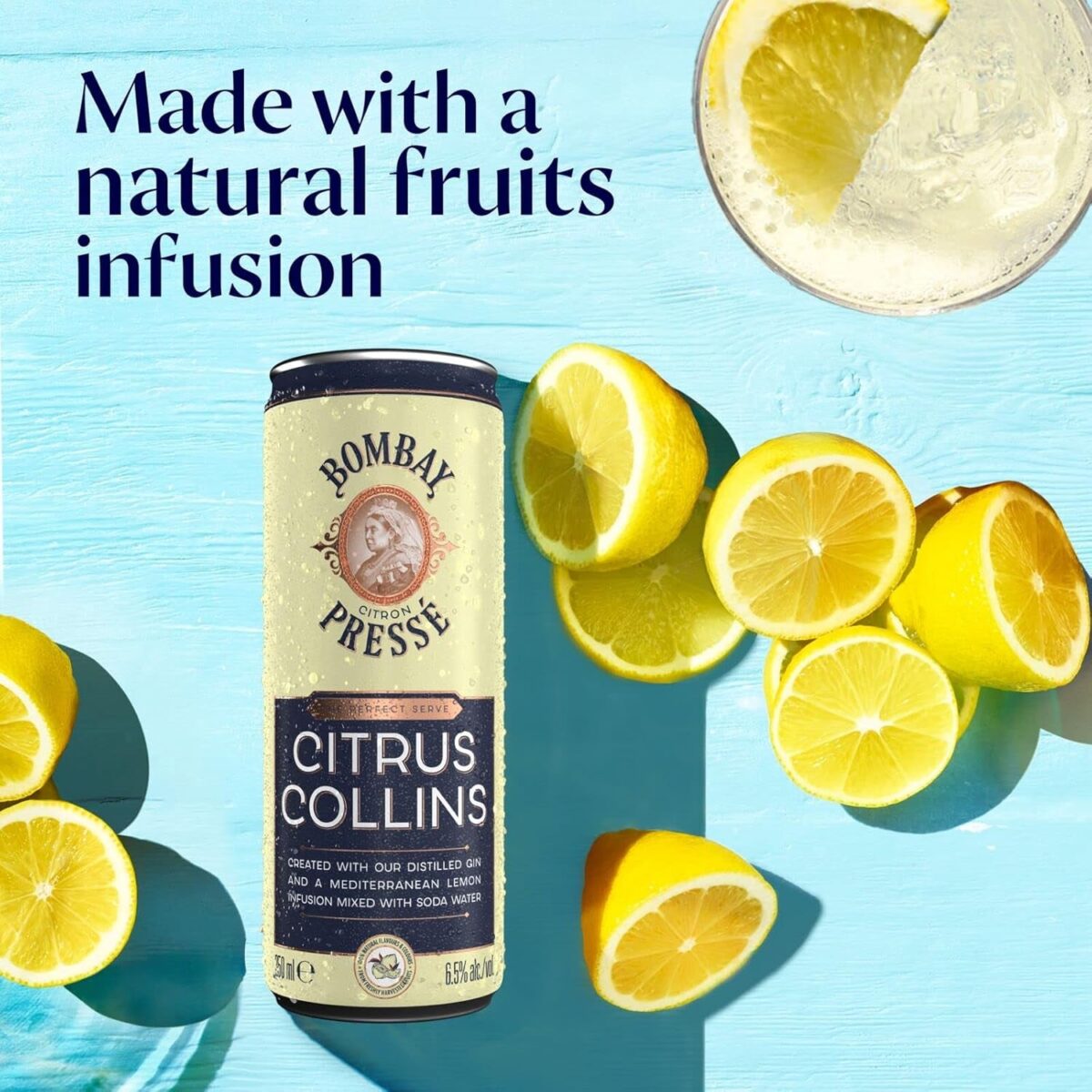 Bombay Pressé Citrus Collins, 6.5% ABV, 12 X 25Cl / 250 Ml, Ready-To-Drink Pre-Mixed Cocktail Can, Created with London Dry Gin and Infused with the Natural Flavour of Mediterranean Lemons