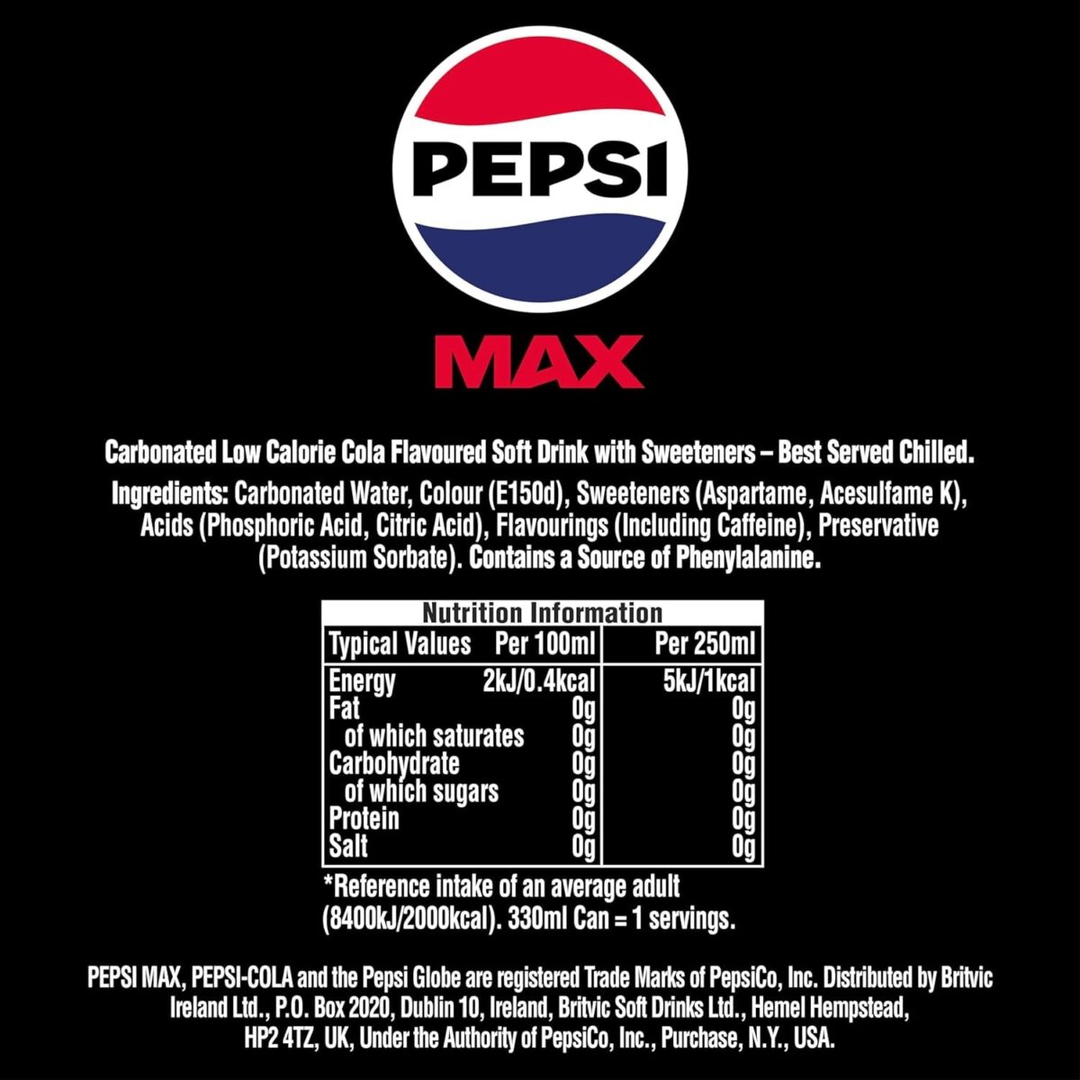 Pepsi Max No Sugar Cola Cans 24 X 330Ml