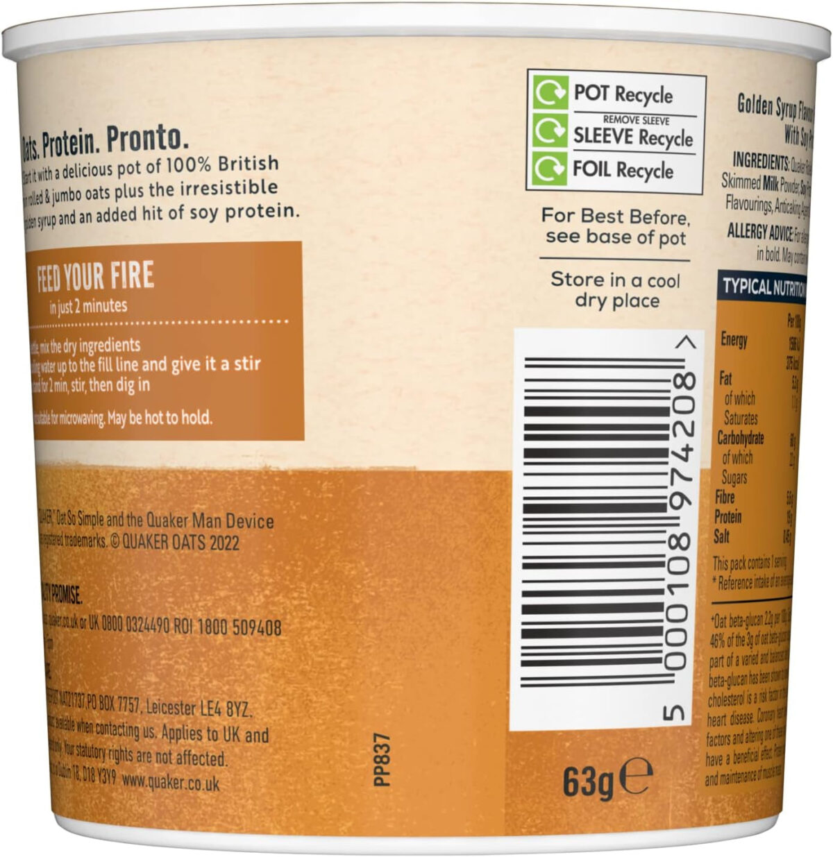 Quaker Oat so Simple Protein Golden Syrup Porridge Pots, 6 X 63 G