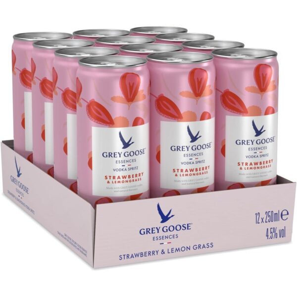 Grey Goose Essences Vodka Spritz, Strawberry & Lemongrass, 4.5% ABV, 12 X 25Cl / 250Ml, Ready-To-Drink Pre-Mixed Cocktail Can, Made with Grey Goose Vodka & Natural Flavours