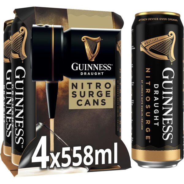 Guinness Draught│Nitrosurge│Stout Beer│4.1% Vol│4X558Ml│Perfect Pub Pour at Home│Cans │Device Sold Separately