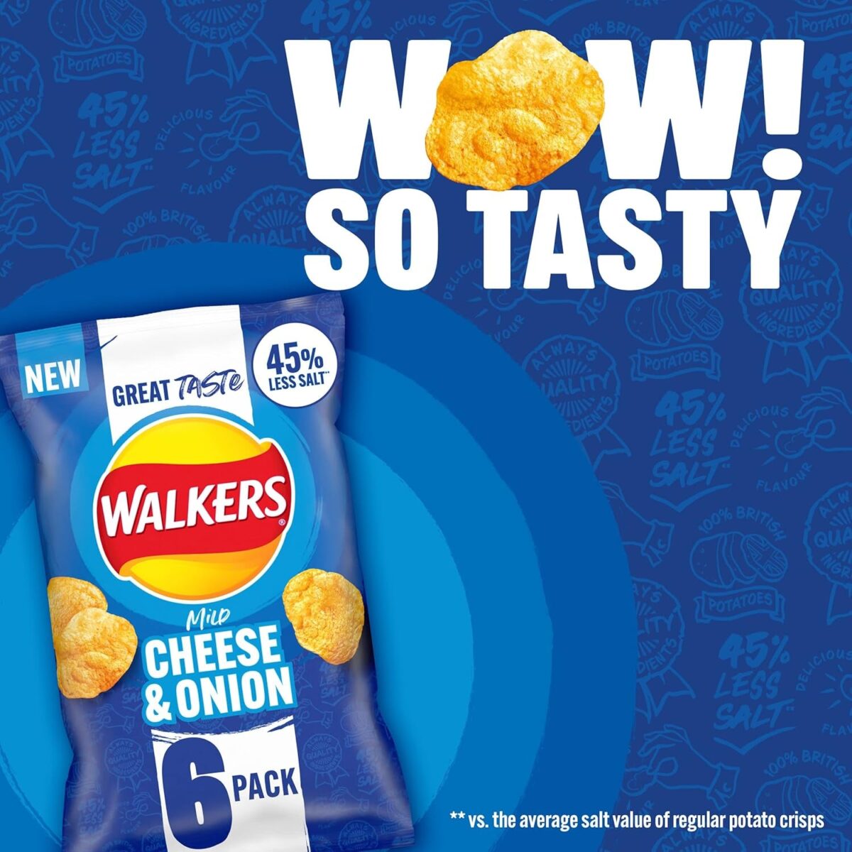 Walkers Less Salt Mild Cheese & Onion 6Pk