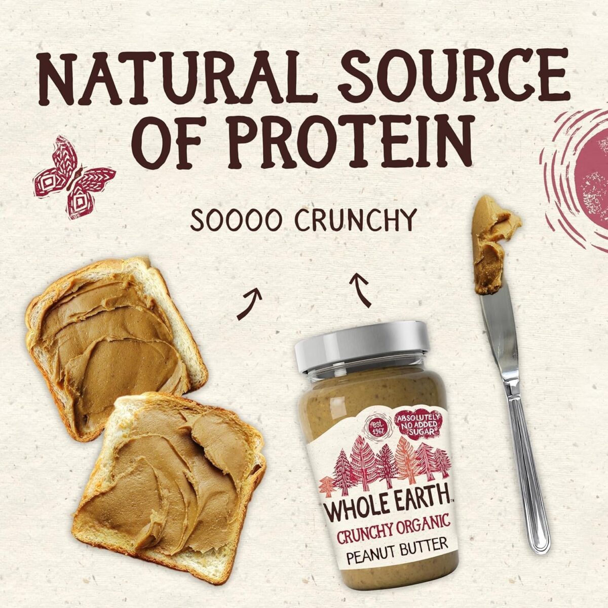 Whole Earth Crunchy Organic Peanut Butter, 340 G Jar, Original Nut Spread Made with All Natural Ingredients, No Added Sugar, Gluten Free, Vegetarian & Vegan Friendly