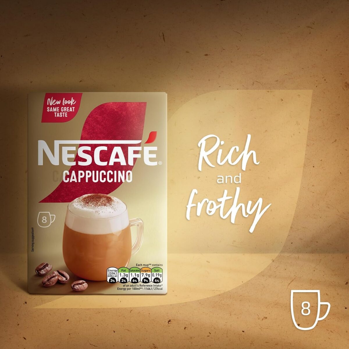 NESCAFÉ Cappuccino Instant Coffee 8 X 15.5G Sachets, 100% Responsibly Sourced Coffee (Pack of 1)