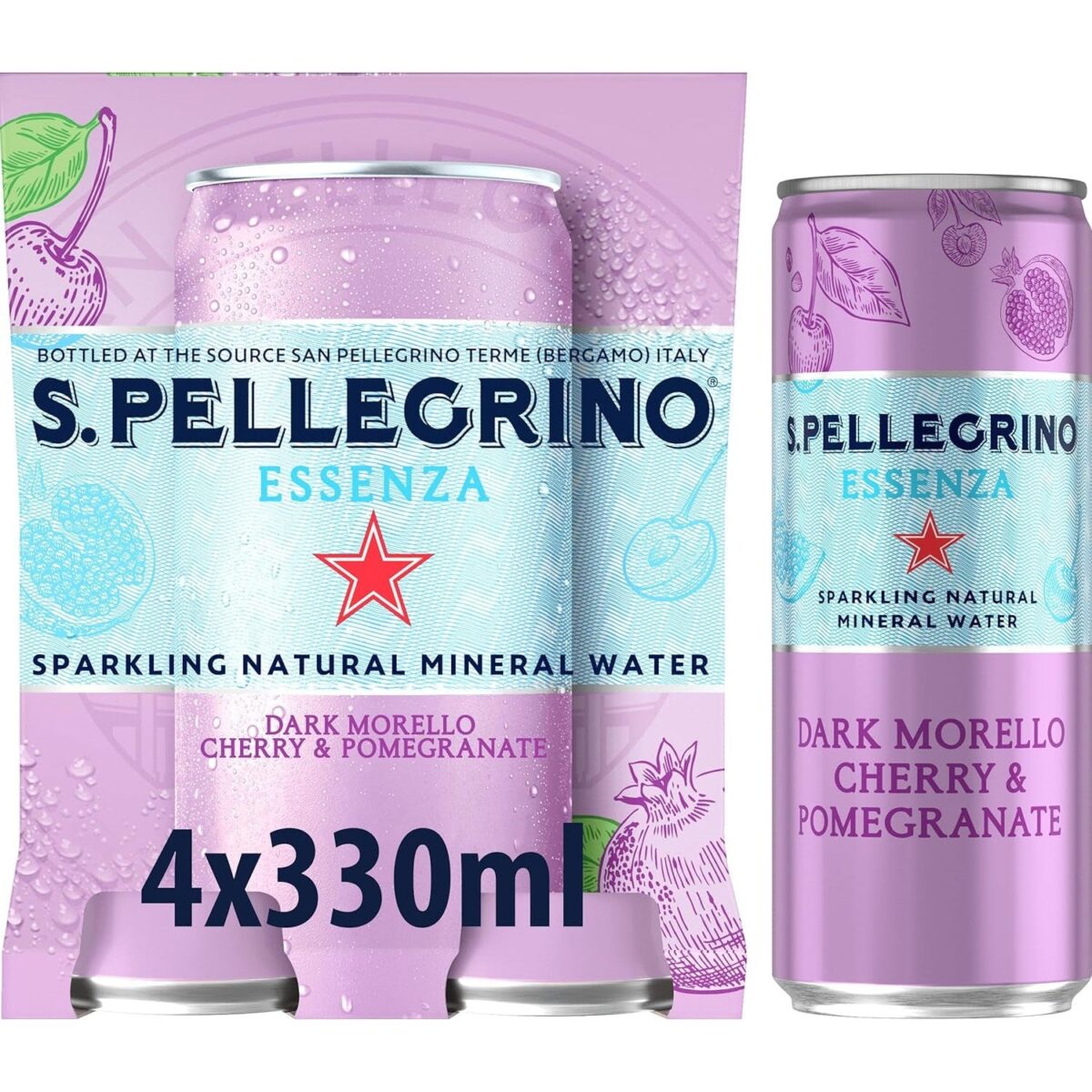 San Pellegrino Essenza Sparkling Water Lightly Flavoured Cherry & Pomegranate Cans 4X330Ml